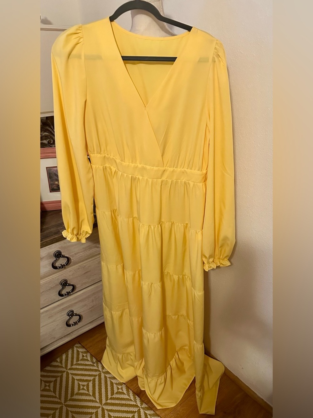Sunny Yellow Long-Sleeve Tiered Maxi Dress